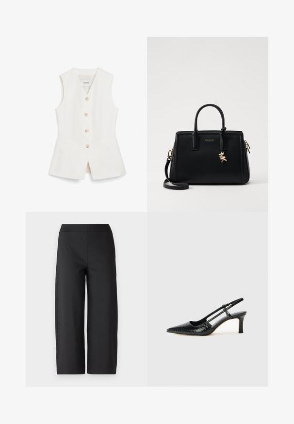 Biała bezrękawnik o dopasowanym kroju, z sześcioma okrągłymi guzikami i dwiema przednimi kieszeniami. Wykonana z gładkiego materiału o czystym wykończeniu.; Czarne spodnie o szerokim kroju z elastycznym paskiem w talii. Wykonane z gładkiego, elastycznego materiału. Bez kieszeni i widocznych szwów. Czysty, minimalistyczny design.; Czarne lakierowane czółenka na obcasie typu slingback z wąskim noskiem, z teksturowanym wzorem wężowym, regulowanym paskiem oraz krótkim, teksturowanym obcasem w kształcie słupka.; Czarna skórzana torebka o strukturalnym designie, z dwiema górnymi uchwytami, odpinanym paskiem na ramię, złotymi akcesoriami i zawieszką z logo.