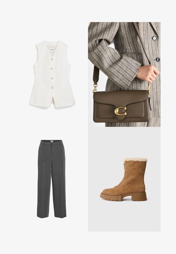Gilet sans manches blanc au design ajusté, avec six boutons ronds et deux poches avant. Fabriqué dans un matériau lisse avec une finition soignée.; Pantalons gris ajustés avec un design à jambes droites, devant plat et texture subtile. Comprend une taille avec passants de ceinture et sans poches visibles.; Bottines en daim marron avec un rembourrage crémeux et duveteux, fermeture éclair sur le côté et semelle en caoutchouc épaisse. Présente une texture lisse et un bout arrondi.; COACH TABBY SHOULDER BAG 26 - Sac à main - dark stone