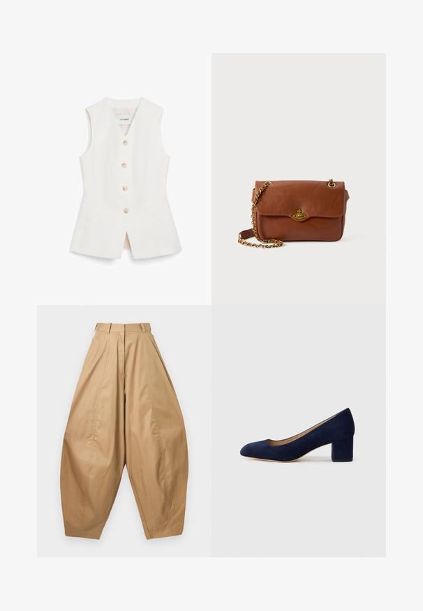 White sleeveless vest with a fitted design, six round buttons, and two front pockets. Made from a smooth material with a clean finish.; High-waist, wide-leg beige pants with pleats, belt loops, and tapered hems, displayed against a white background.; Navy blue suede pump with a pointed toe and a mid-height block heel. Smooth texture with a subtle sheen and a small cutout at the front.; Brown leather crossbody bag with a flap closure, gold hardware, and a chain strap. Smooth texture, rectangular shape, minimal detailing.