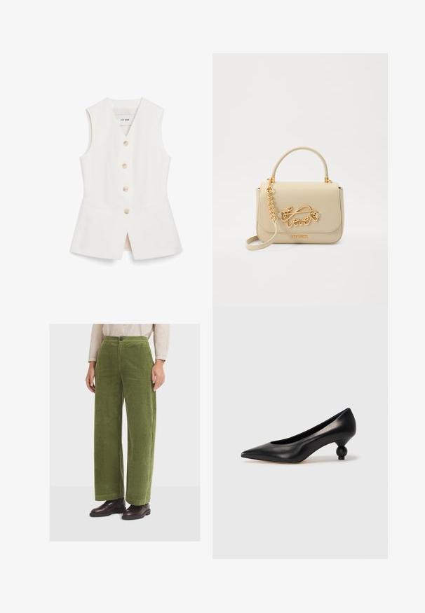 Witte mouwloze vest met een aansluitend ontwerp, zes ronde knopen en twee voorkruiszakken. Gemaakt van een glad materiaal met een nette afwerking.; Groene corduroy broek met wijde benen, hoge taille en voorzakken, voorzien van een enkele knoopsluiting en een gestructureerd, ribbelachtig oppervlak.; Zwarte leren hoge hak schoen met een spitse neus en een ronde, bolle hak. Gladde textuur met een elegant, minimalistisch ontwerp.; Beige neplederen handtas met een bovenhandvat en kettingband. Beschikt over een gouden "love" logo en metallic accenten. Gladde textuur en rechthoekige vorm.