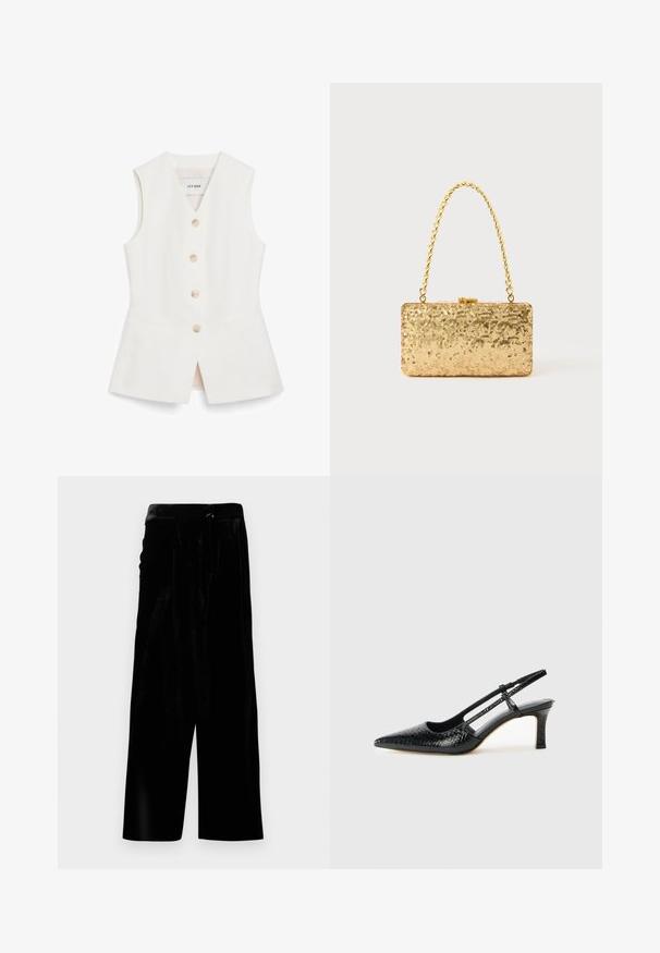 White sleeveless vest with a fitted design, six round buttons, and two front pockets. Made from a smooth material with a clean finish.; Black velvet wide-leg pants with a high waist and a side zipper closure, shown against a white background.; Black patent slingback heel with a pointed toe, featuring textured snake print, adjustable strap, and a short, textured block heel.; Gold sequin clutch with a rectangular shape, featuring a twisted chain handle and a metal clasp closure, reflecting light with a textured finish.