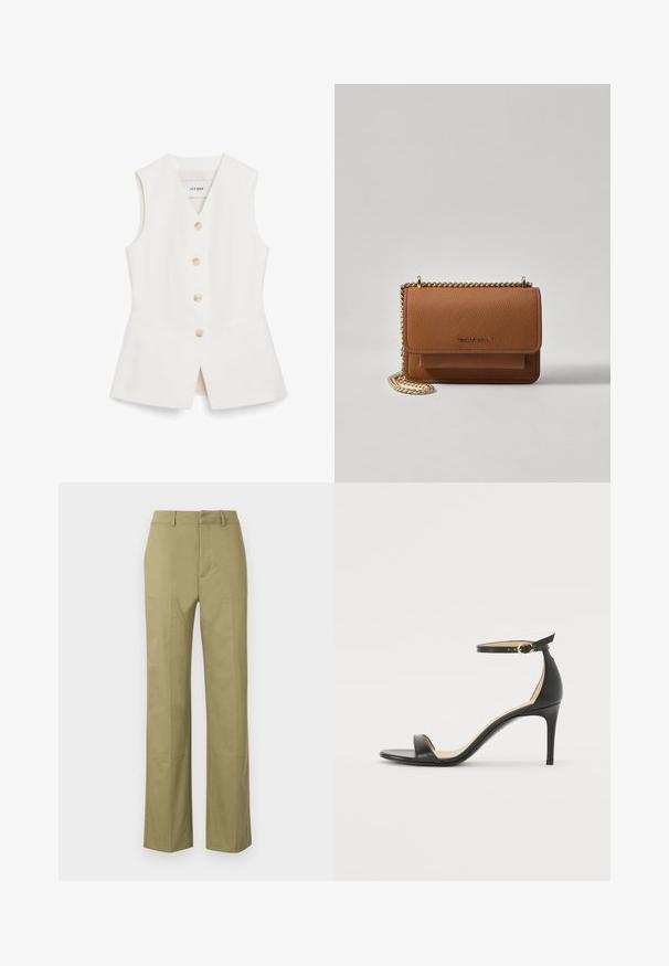 Biała bezrękawnik o dopasowanym kroju, z sześcioma okrągłymi guzikami i dwiema przednimi kieszeniami. Wykonana z gładkiego materiału o czystym wykończeniu.; Khaki spodnie wykonane z mieszanki bawełny, z prostą nogawką, widocznymi szwami i kieszeniami po bokach z przodu.; Czarne skórzane sandały na wysokim obcasie z paskiem na kostce. Charakteryzują się gładką fakturą, otwartym noskiem i cienkim obcasem. Złoty detal z klamrą.; Brązowa skórzana torba na ramię z teksturą, z złotym łańcuszkiem i zapięciem na klapkę. Z przodu znajduje się detal z logo oraz kieszeń pod klapką.