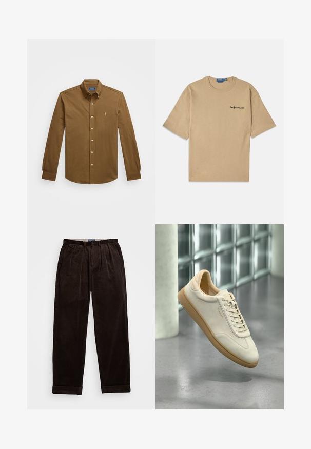 Rjava dolga srajca s kragnjo in gumbi, izdelana iz bombaža. Ima gumbno zapiranje spredaj in majhen vezen logotip na prsih.; Bež majica iz bombaža s kratkimi rokavi, okroglo izrezanimi in majhnim črnim logotipom na levi strani prsnega koša. Mehka tekstura.; Temno rjave kordurojske hlače z sproščenim krojem, z naborki spredaj in zavitimi manšetami na robu. Gladka tekstura in trdna zasnova.; Bež športni copat iz semiša z teksturirano podplatom iz gumijastega materiala. Ima ravne vezalke, zaobljen prst in subtilno blagovno znamko na strani. Rahlo oblazinjen ovratnik.