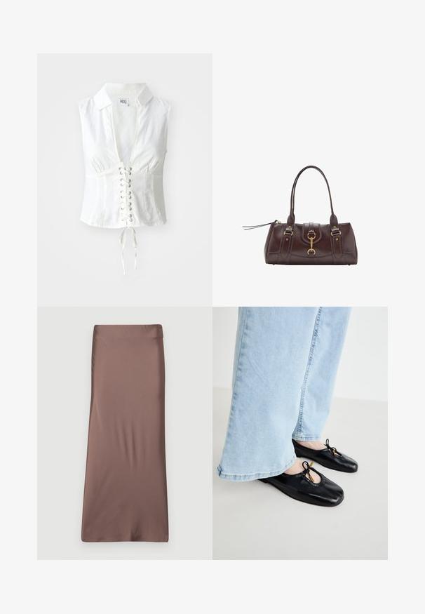 Biela ľanová bezrukávová košľa s hlbokým výstrihom do V a šnurovaním vpredu. Obsahuje golier, bočné švy a detaily viazania v dolnej časti.; Hnedá saténová midi sukňa s hladkou textúrou, priliehavým strihom a pásom. Bez viditeľných vzorov alebo akcentov.; Čierne kožené baletky s okrúhlym prstom, s výrezom a detailom mašle, nosené s svetlomodrými širokými nohavicami.; Tmavohnedá kožená kabelka s dvoma hornými uchami, zlatými kovovými akcentmi, predným zámkom a prešívanými textúrami na stranách.