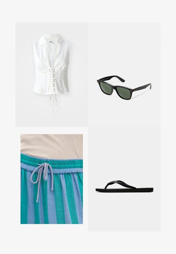 Camicia senza maniche in lino bianco con scollo a V profondo e punta con lacci. Presenta un colletto, cuciture laterali e un dettaglio con fiocco nella parte inferiore.; Tessuto leggero a righe blu e verde con vita elasticizzata e chiusura con cordino. Finitura testurizzata con un leggero lucido.; Infradito in gomma nera con cinturino testurizzato e suola piatta semplice, mostrati di lato su uno sfondo chiaro e uniforme.; Occhiali da sole in plastica nera con lenti verdi, montatura quadrata, dettaglio argento sulla parte superiore e steli con texture. Marchio indicato sulla parte interna dello stelo.