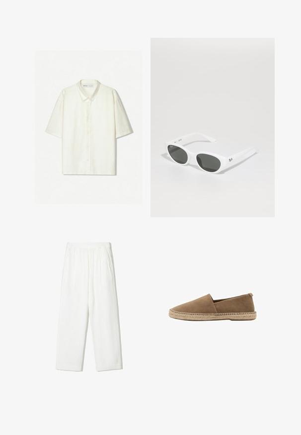 Korte mouwen overhemd met knopen in off-white linnen. Beschikt over een klassieke kraag, knopen aan de voorkant en een ontspannen pasvorm. Minimalistisch ontwerp met subtiele textuur.; Witte, wijde broek gemaakt van textiel met structuur. Bevat een elastische tailleband en twee zijzakken. Casual, losse pasvorm.; Bruine suède instapschoen met een spitse neus, voorzien van een geweven jute zool en een kleine hak aan de achterkant voor ondersteuning. Soepele textuur en minimalistisch ontwerp.; Witte zonnebril met ronde montuur en donkere glazen. Heeft een gladde plastic structuur en een klein logo op de poot.