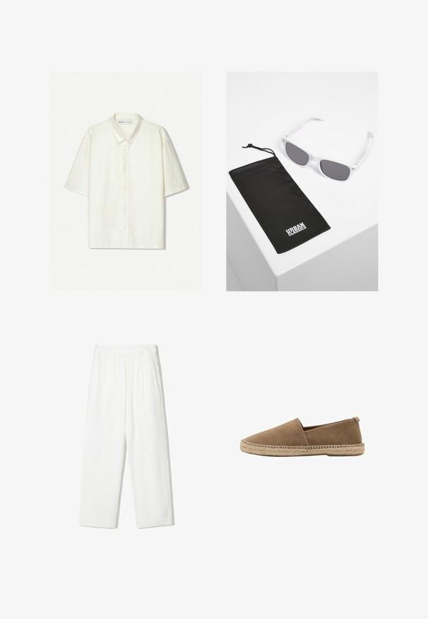 Chemise à manches courtes en lin écru. Présente un col classique, des boutons sur le devant et une coupe décontractée. Design minimaliste avec une texture subtile.; Pantalons blancs à jambes larges en tissu texturé. Dotés d'une taille élastique et de deux poches latérales. Design décontracté et coupe ample.; Chaussure slip-on en suède marron avec un bout pointu, dotée d'une semelle en jute tissé et d'un petit talon arrière pour le soutien. Texture lisse et design minimaliste.; Lunettes de soleil en plastique blanc avec verres gris à côté d'une pochette en tissu noir ornée d'un logo "URBAN CLASSICS" en lettres majuscules blanches.