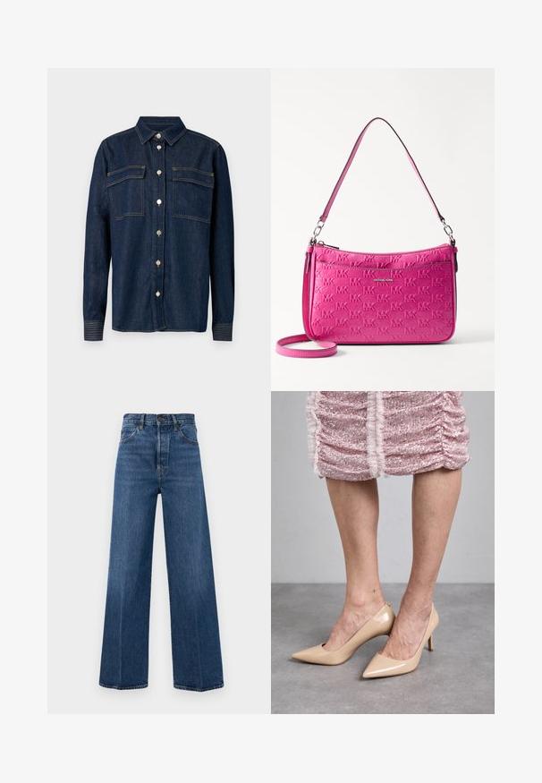Dark denim shirt with a collared neck, two chest pockets, and metallic buttons. Features contrast stitching and long sleeves with buttoned cuffs.; Wide-leg blue jeans made of denim with a high waist, front pockets, and contrast stitching. The fabric has a smooth texture.; Beige patent leather high heels with a pointed toe and a slim heel. Smooth texture with a sleek design. Worn with a pink sequined dress.; Compact pink handbag made of textured leather, featuring an embossed logo pattern, a zip closure, and an adjustable strap.