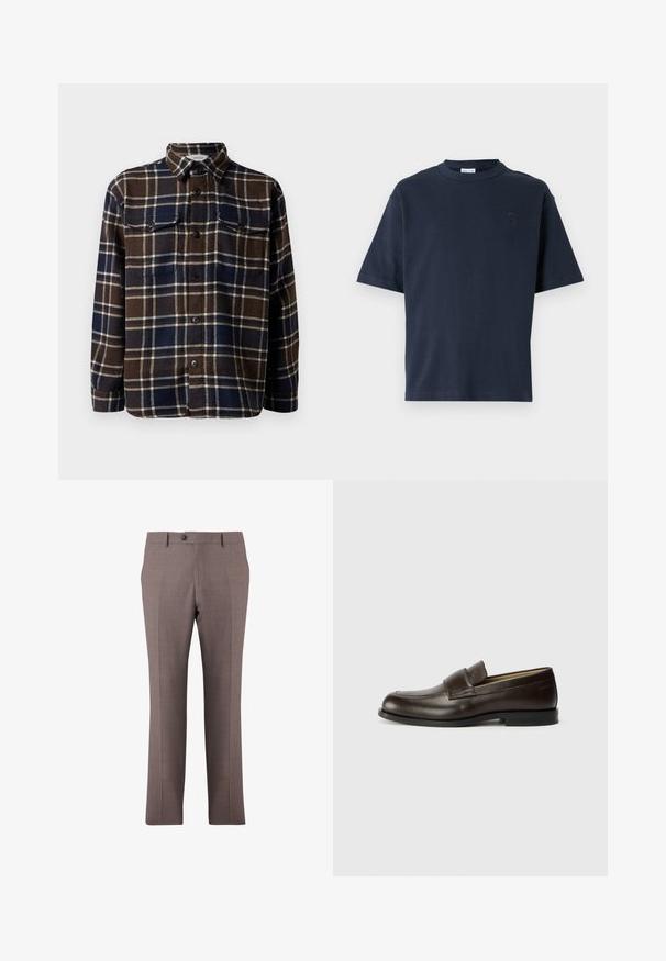 Brūns un jūras zils krekliņš ar kvadrātveida rakstu, pogām priekšā, divām krūšu kabatām un klasisku apkakli. Mīksta tekstūra un vidēja svara.; Tums zilas īsām piedurknēm T-krekls, kas izgatavots no kokvilnas. Tam ir apaļš kakls un diskrēts logo uz krūtīm. Taisna piegriezuma dizains bez rakstiem.; Brūni pielāgoti bikses ar priekšējo krokām, pogu aizdari, jostas cilpām un sānu kabatām, izvietotas uz balta fona.; Calvin Klein Čības - cocoa brown