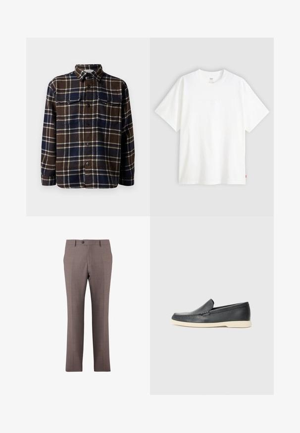 Brun og marineblå rutete flanellskjorte med knapper foran, to brystlommer og klassisk krage. Myk tekstur og middels vekt.; Hvit t-skjorte med korte ermer laget av bomull, med rund hals. Har diskret preget logo detalj foran og en rød etikett på kanten.; Brune skræddersyede bukser med frontfold, knaplukning, bæltestropper og sidelommer, præsenteret på hvid baggrund.; Sorte skinn slip-on loafers med en teksturert finish og en kontrasterende beige gummisåle. Har en subtil aksent langs fronten.
