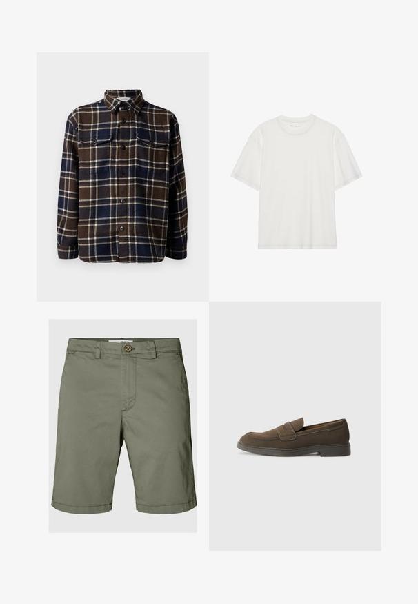 Camisa de franela a cuadros marrón y azul marino con frente abotonado, dos bolsillos en el pecho y cuello clásico. Textura suave y peso medio.; Camiseta de algodón blanca con mangas cortas, cuello redondo y detalle de costura en contraste alrededor del cuello y las mangas.; Pantalones cortos verde oliva de algodón, con cierre de botón, presillas para cinturón y un corte recto con detalles de dobladillo doblado.; Mocasín de ante marrón con puntera redondeada, una correa en el empeine y una suela de goma plana. Diseño simple con líneas limpias y mínimo detalle.
