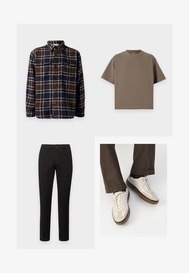 Camicia di flanella a quadri marrone e navy con una chiusura a bottoni frontale, due tasche sul petto e un colletto classico. Tessuto morbido e peso medio.; T-shirt marrone a maniche corte realizzato in tessuto morbido con scollatura rotonda. Presenta una vestibilità rilassata e dettagli semplici sull'orlo.; Chino neri con vestibilità slim, realizzati in tessuto misto cotone. Presentano una chiusura frontale con bottone e cinque tasche. Texture liscia, dettagli minimali.; Sneakers beige con una parte anteriore in suede testurizzato, lati in pelle liscia e una suola in gomma marrone. Inclusi lacci e dettagli di cucitura leggera.