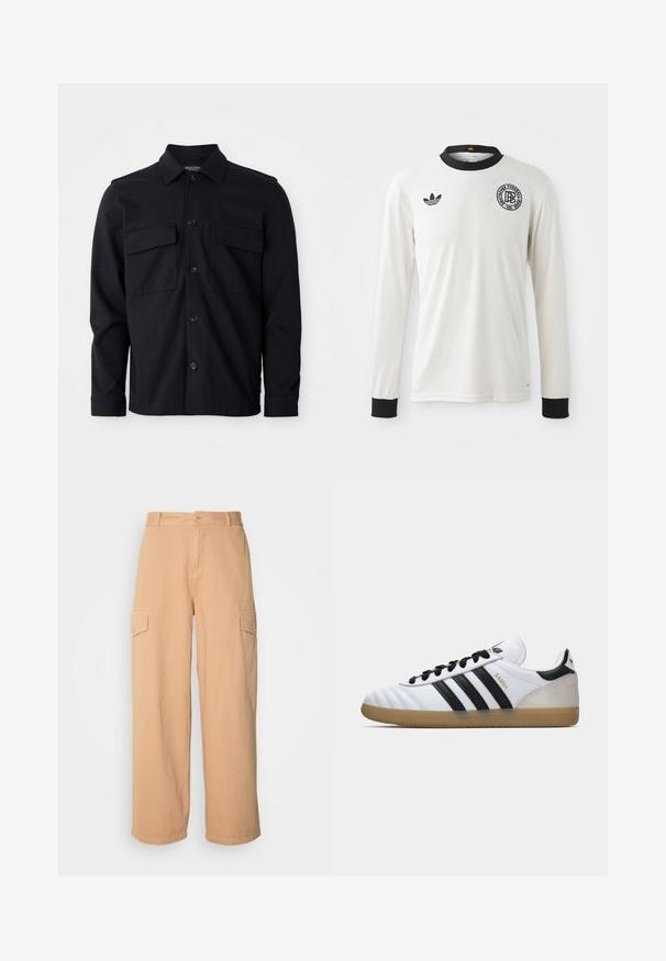 Zwarte lange mouwen shirtjack met kraag, sluiting met knopen aan de voorkant en twee borstzakken met klep op een effen witte achtergrond.; Witte lange mouwen voetbaltrui met ribbelstructuur, zwarte kraag en manchetten, met een zwart Adidas-logo en een cirkelvormig grafisch embleem.; Beige wijde cargo broek gemaakt van lichte stof, met twee zijzakken en een knoopsluiting bij de taille. Zachte textuur.; Witte Adidas Samba sneaker met zwarte strepen, zwarte veters, beige suède hiel en een gumrubberen zool, weergegeven in linker zijprofiel.
