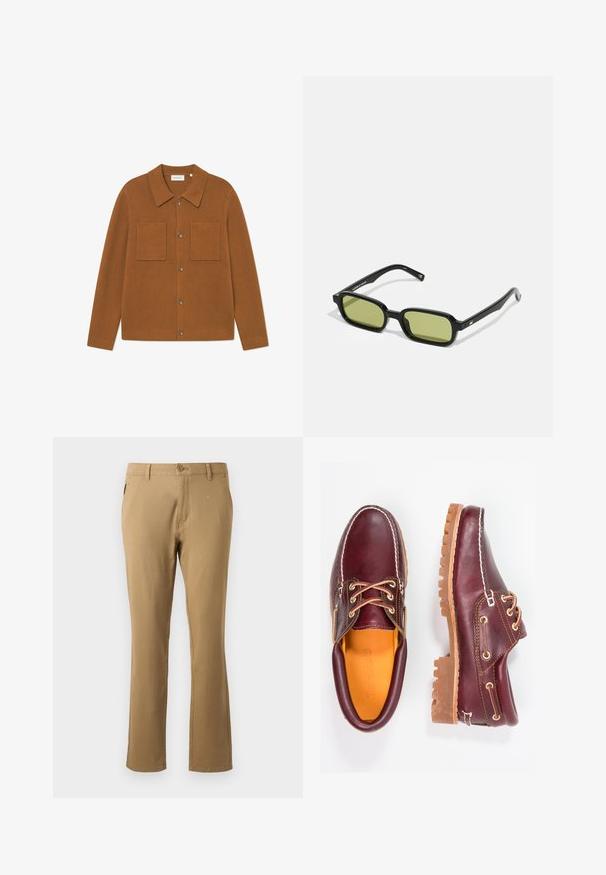 Cárdigan marrón de canalé con cuello, dos bolsillos en el pecho y cierres de botón en el frente. Textura suave y corte relajado.; Chinos beige con un diseño de pierna recta, hechos de algodón, que cuentan con un único cierre delantero con botón y bolsillos laterales. Textura suave.; Zapatos de cuero burdeos con suelas de goma marrón, puntera redonda, costuras blancas y ojales dorados. El interior cuenta con un forro amarillo.; Gafas de sol negras con un diseño angular, lentes de color verde y montura de plástico suave. Presentan acentos dorados en las patillas.