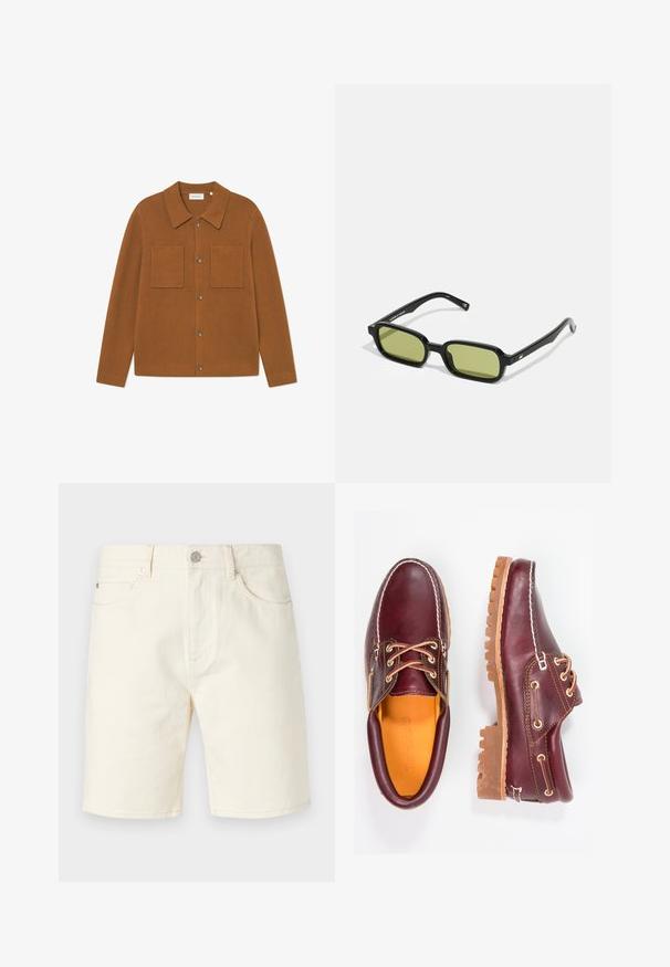 Cardigan marron côtelé avec un col, deux poches sur la poitrine et des boutons sur le devant. Texture douce avec une coupe décontractée.; Shorts en denim beige clair avec une coupe classique, dotés de poches avant, de passants de ceinture et d'une fermeture à bouton. Texture lisse avec une couleur unie.; Chaussures en cuir bourgogne avec semelles en caoutchouc marron, bout rond, couture blanche et œillets dorés. L'intérieur présente une doublure jaune.; Lunettes de soleil noires avec un design angulaire, verres teintés de vert et monture en plastique lisse. Présente des accents dorés sur les branches.