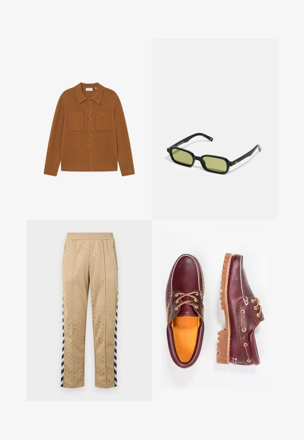 Ruskea ribbitakki, jossa on kauluspääntie, kaksi rintataskua ja nappisuljenta edessä. Pehmeä tekstuuri ja rento istuvuus.; Beige track pants with a tonal embossed floral pattern, navy and white striped side panels, elastic waistband, and zippered pockets.; Burgundin nahkakengät ruskeilla kumipohjilla, pyöreällä kärjellä, valkoisella ompelulla ja kultaisilla nauha-aukkoilla. Sisäpuolella on keltainen vuori.; Musta aurinkolasit kulmikkaalla muotoilulla, vihreät sävytetyt linssit ja sileät muovilaitteet. Ominaisuudet kultaiset korostukset temppeleissä.