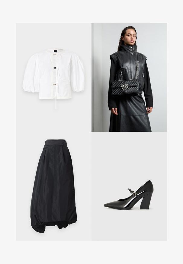 Casaco branco de mangas bufantes com corte reto, apresentando um fecho frontal com fivelas metálicas e um decote redondo. Tecido de algodão suave.; Saia preta de cintura alta feita de material leve. Apresenta um design plissado, forma fluida e tecido franzido na bainha.; Shoe de salto alto em verniz preto, com bico fino, um salto robusto e uma tira com detalhe em metal.; Colete de couro preto com gola alta, bolsos com fecho, e uma bolsa de mão preta acolchoada com um detalhe em metal prateado, usado com uma saia longa preta.