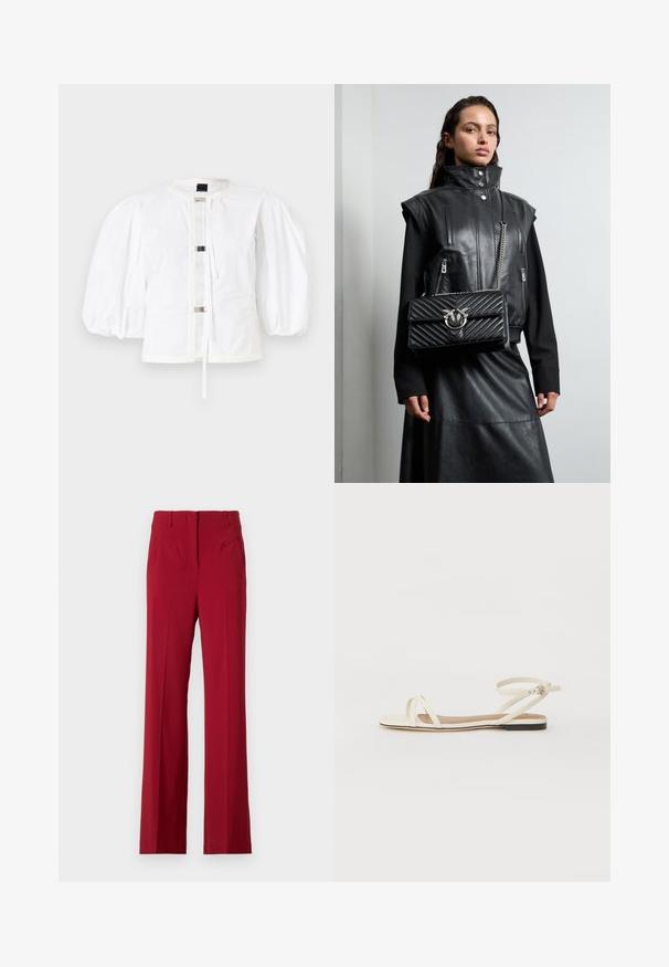 Jachetă albă cu mâneci bufante, cu croială dreaptă, prezentând o închidere frontală cu catarame metalice și un guler rotund. Material din bumbac neted.; Pantaloni roșii croiți cu un design drept, având buzunare frontale și o textură a materialului netedă. Fără închideri sau embellismente vizibile.; Sandale plate din piele crem cu curele subțiri încrucișate, curea pentru glezna cu cataramă, design minimalist și o talpă neagră contrastantă.; Vesta din piele neagră cu guler înalt, buzunare cu fermoar și o geantă neagră matlasată cu un accent de metal argintiu, purtată cu o fustă lungă neagră.