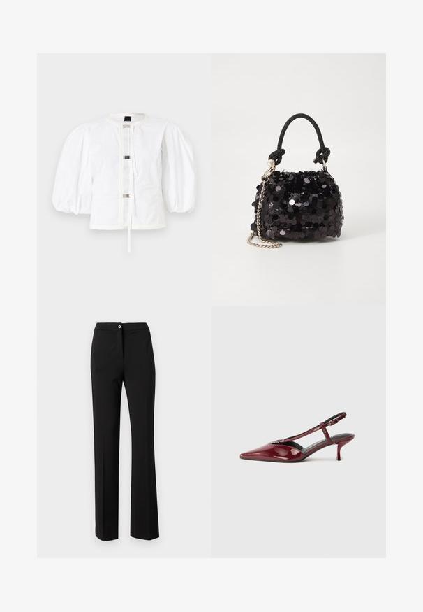 Balta puff-sleeve striukė su tiesiu siluetu, turinti priekinį užsegimą su metalinėmis sagtimis ir apvaliu iškirpimu. Lygi medvilnės medžiaga.; Juodi kelnių, pagamintų iš lygaus audinio, su tiesiu kirpimu, paslėptu uždarymu ir vienu mygtuko akcentu juosmens srityje.; Blizgus bordinio spalvos odinės, smailianosios nosies, mažo špillo slingback tipo bateliai su T-formos dirželiu ir sidabriniu užsegimu ant baltos fono.; Juodas blizgučių mini rankinukas su mazguotu tekstūruotu dirželiu ir sidabro grandine. Suapvalinta forma su susiraukšlėtopu ir atspindinčiomis detalėmis.