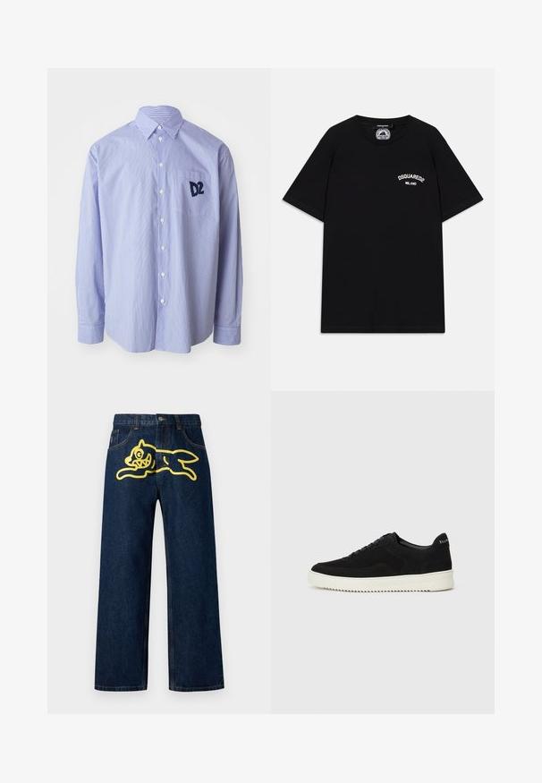 Zilā un baltā svītrainā krekls ar garām piedurknēm, izgatavots no kokvilnas. Tam ir pogājama apkakle un krūšu kabata ar tumši zilu logotipu.; Melnas kokvilnas T-krekls ar īsām piedurknēm, ar baltu "DSQUARED2 MILANO" logo uz krūšu. Apaļas kakla izgriezums, gluda tekstūra.; Tumši zili džinsi ar lielu dzeltenu grafiku, kas attēlo lecošu personāžu aizmugurējā kabatā. Taisnas kājas dizains ar standarta šuvēm.; Melnas zamšas kedas ar auklām un kontrastējošu baltu gumijas zoli. Iekļauj teksturētas sānu panēles un diskretu zīmolu uz papēža.