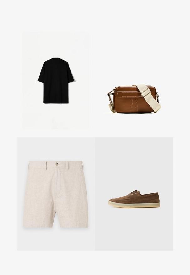 Chemise noire à manches courtes, présente un ajustement décontracté, un tissu texturé et un col. Le dos affiche un design sans couture sans couture visible.; Shorts en lin beige clair, avec un bouton de fermeture et une coupe classique avec une texture subtile. Pas de poches visibles dans le design.; Chaussures en suede marron à profil bas, avec un laçage, semelle en caoutchouc et des détails de couture contrastants. Style simple et fonctionnel.; Sac bandoulière en cuir marron avec des coutures blanches, forme rectangulaire, fermeture éclair et une sangle beige ajustable. Comprend deux poches avant.