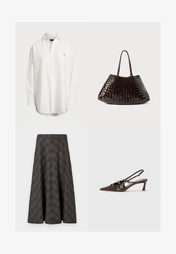 Chemise blanche à boutons en coton, dotée d'une poche poitrine et d'un petit logo brodé. Coupe ample avec col classique et manches longues.; Jupe midi à carreaux marron avec une silhouette évasée, une texture lisse, une taille, et des accents bleu clair dans le motif.; Escarpin en cuir verni marron à talon slingback avec un bout pointu, des brides ajustables et des boucles décoratives à l'avant. Hauteur de talon de 3 pouces.; Sac à main tissé en marron foncé, avec une finition brillante, une forme conique et des poignées tressées. Le motif texturé ajoute de la profondeur et de l'intérêt visuel.