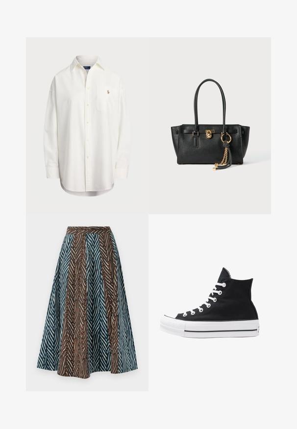 Chemise blanche à boutons en coton, dotée d'une poche poitrine et d'un petit logo brodé. Coupe ample avec col classique et manches longues.; Jupe midi marron et bleue avec un motif zigzag, un design plissé et une taille ajustée. Fabriquée en tissu léger.; Baskets montantes noires en toile avec œillets, lacets et semelle en caoutchouc blancs. Présentent un orteil texturé et des accents rayés noir et blanc.; Sac à main en cuir noir avec double anses, serrure dorée et détails en chaîne, et accessoire à pompon noir et blanc sur fond blanc.