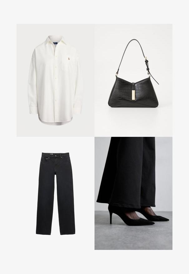 Chemise blanche à boutons en coton, dotée d'une poche poitrine et d'un petit logo brodé. Coupe ample avec col classique et manches longues.; Jean large noir en denim, doté de cinq poches, d'une fermeture à bouton, de coutures discrètes et d'une coupe droite de la taille à l'ourlet.; Des chaussures à talons hauts en suede noir avec des bouts pointus, portées avec un pantalon large noir, présentent un design élégant et un léger éclat.; Sac à main noir en matériau imitation croco, doté d'une forme triangulaire, d'une fine sangle pour l'épaule et d'un accent en métal doré au centre.; Boucles d'oreilles dorées avec un design ondulé texturé comportant des éléments lisses et striés. Style à clip avec une finition polie.