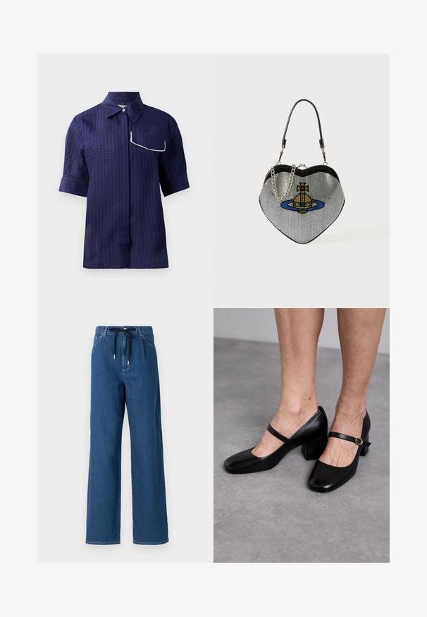 Tumesinine lühikeste varrukate särk tekstuurse mustriga, kraed käsitlev disain ja vasakul küljel valge äärisega tasku. Kerge kangas.; Laia siniste denimist püksid avarate jalgadega, mis on varustatud nööriga vöökoht ja ees olevate taskutega. Kangas on sileda tekstuuriga, millel on peened õmblusdetailid.; Stuart Weitzman Klassikalised kontsakingad - black; Südamekujuline võrkkott metallilise viimistlusega, millel on kass ja planeedi disain sinises, kollases ja punases. Kaasas on kett õlarihm.; Hõbe ahel kaelakee, millel on raketi ripats, mille keskel on ümmargune teemanti sarnane kivi ning ümmargune alus. Täpne ja poleeritud viimistlus.