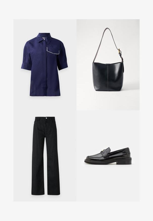 Middendonsblauwe short-sleeve shirt met een gestructureerd patroon, met kraag ontwerp en een witte bies zak aan de linkerzijde. Lichtgewicht stof.; Zwarte broek met wijde pijpen en verticale blauwe streepjes, met een klassieke vijf-pocketontwerp en een sluiting met knoop aan de voorkant.; Zwarte gepatineerde leren loafers met een gladde afwerking, een gestikte detail aan de voorkant en een lage blokhak voor steun. Gouden accent op de band.; Zwarte leren schoudertas met een gladde textuur, voorzien van een dunne, lange schouderband en een subtiele stiknaad in het midden.