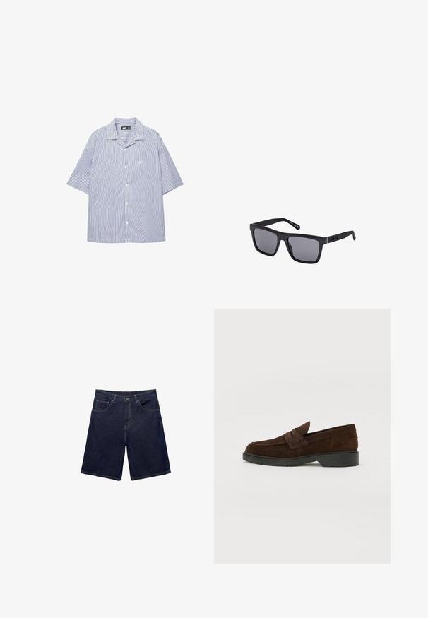 Camicia a maniche corte con bottoni, a righe verticali blu e bianche, colletto a punta e un piccolo logo sul petto. Tessuto leggero.; Shorts in denim di un blu scuro, caratterizzati da un taglio classico, design a cinque tasche e cuciture a contrasto. Tessuto liscio con una cintura robusta.; Mocassini in suede marrone con punta arrotondata e resistente suola in gomma nera. Presentano una fascia decorativa e cuciture sulla tomaia.; Occhiali da sole rettangolari neri con lenti scure, finitura opaca e dettaglio del logo sulla tempia. Il design presenta bordi dritti e montature spesse.