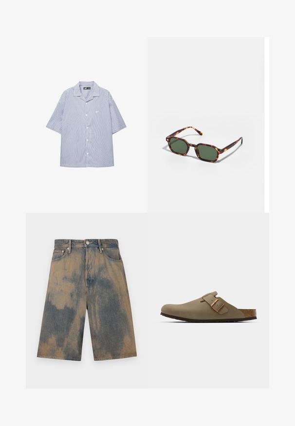 Camicia a maniche corte con bottoni, a righe verticali blu e bianche, colletto a punta e un piccolo logo sul petto. Tessuto leggero.; Shorts in denim con un effetto tie-dye blu sbiadito e beige, caratterizzati da un classico design a cinque tasche e dettagli in metallo.; Zoccoli marroni con una finitura liscia opaca. Presentano una borsa in bronzo prominente sul lato. Sottopiede in sughero e suola in gomma per il comfort.; Occhiali da sole tartarugati con lenti verdi, dotati di una forma ottagonale e bracci sottili e curvi. Il materiale ha una finitura lucida.