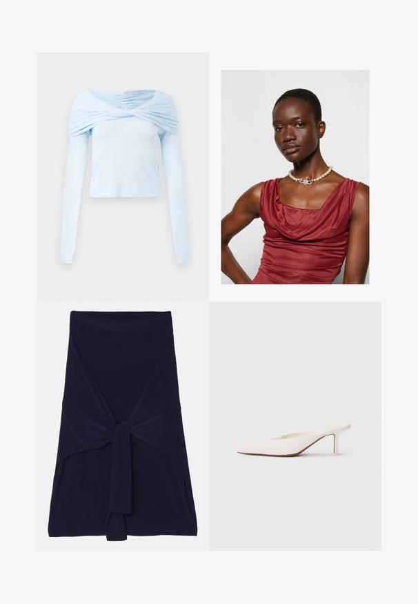 Top de manga larga azul claro con diseño gathered sin hombros y textura suave, que presenta un cuerpo ajustado y sutiles detalles de costura.; Falda envolvente de color azul marino, fabricada en una tela suave y elástica con un diseño anudado en la parte frontal, que presenta una textura lisa y bordes ajustados.; Mule blanco de punta afilada con un tacón bajo de stilettos. Hecho de material suave con un diseño minimalista y un sutil detalle en la suela color tostado.; Vestido de color rojo intenso con cuello de cisne y una textura suave. Presenta un collar de perlas con un acento decorativo de plata en el centro.