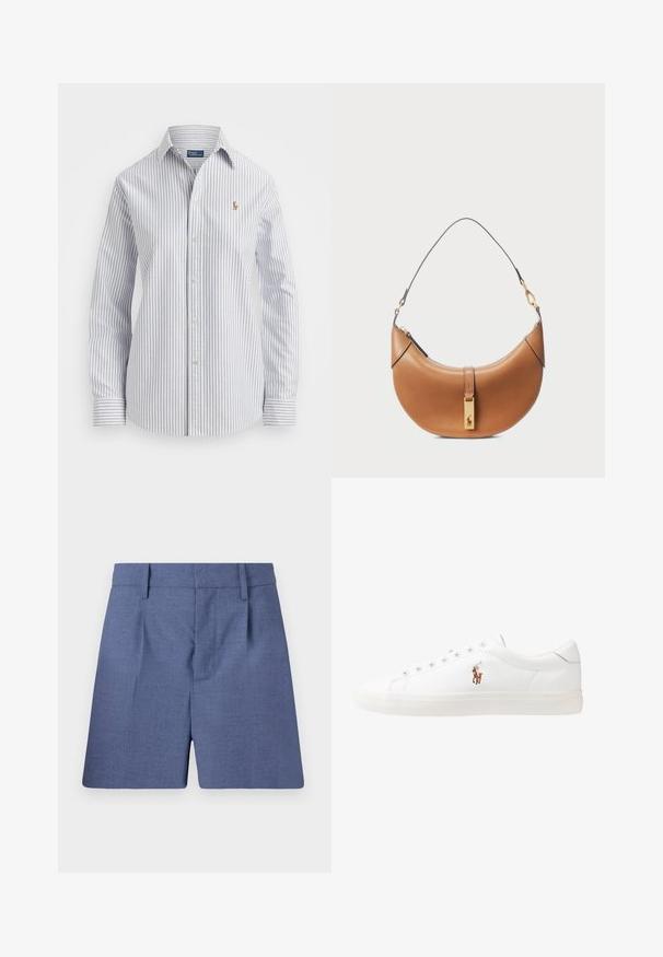 Striped button-up shirt in light blue and white, featuring a soft fabric, classic collar, and embroidered logo on the chest.; Blue tailored shorts with belt loops, front pleats, and a hidden front closure, shown against a white background.; White leather sneakers, low-top design, featuring a smooth texture, round toe, laced front, and a small embroidered logo on the side.; Tan leather handbag with a curved shape, gold hardware, and a thin shoulder strap. Features a zipper closure and logo detail on the front.