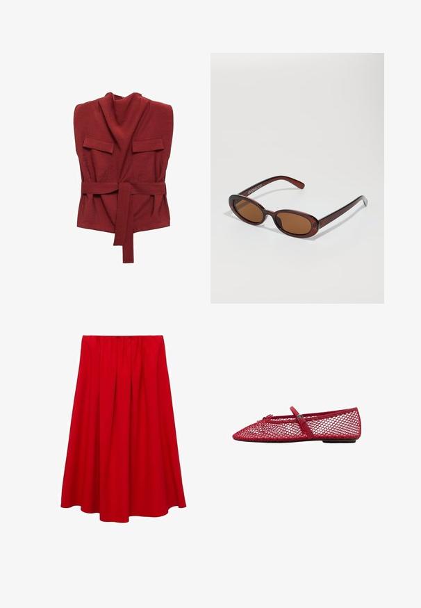 Crvena majica s omotom od mekog materijala, s visokim ovratnikom, dva prednja džepa, remenom i ležernim krojem.; Crvena, suknja do koljena sa nabranim strukom i lepršavim A-linijom. Izrađena od glatke tkanine bez vidljivih uzoraka ili akcenata.; Crvene mrežaste balerinke s izrezanim vrhom, s tankom trakicom i detaljem kopče. Gornji dio ima otvoreni uzorak u obliku saća.; Okvir okruglih, smeđkastih sunčanih naočala s sjajnim burgundskim okvirom. Uski nositelji s suptilnim brendiranjem. Ravna leća.