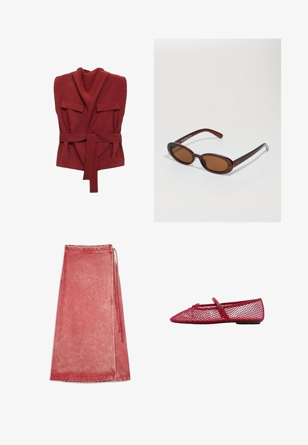 Top avvolgente rosso realizzato in tessuto morbido, con collo alto, due tasche anteriori, una cintura e un design a vestibilità ampia.; Gonna avvolgente in denim rosso con effetto lavato sbiadito, lunghezza alla caviglia, con chiusura laterale e orlo cucito.; Ballerine in rete rossa con punta affusolata, dotate di una sottile cinghia e dettaglio a fibbia. La parte superiore presenta un motivo aperto a nido d'ape.; Occhiali da sole rotondi con tonalità marrone, montatura lucida color bordeaux. Aste sottili con un sottile dettaglio del marchio. Design delle lenti piatte.