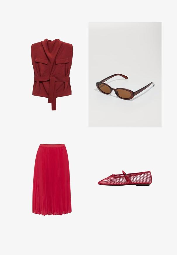 Top avvolgente rosso realizzato in tessuto morbido, con collo alto, due tasche anteriori, una cintura e un design a vestibilità ampia.; Gonna plissettata rossa in un tessuto leggero e morbido. Presenta una vita elastica e un design fluido per facilitare i movimenti.; Ballerine in rete rossa con punta affusolata, dotate di una sottile cinghia e dettaglio a fibbia. La parte superiore presenta un motivo aperto a nido d'ape.; Occhiali da sole rotondi con tonalità marrone, montatura lucida color bordeaux. Aste sottili con un sottile dettaglio del marchio. Design delle lenti piatte.