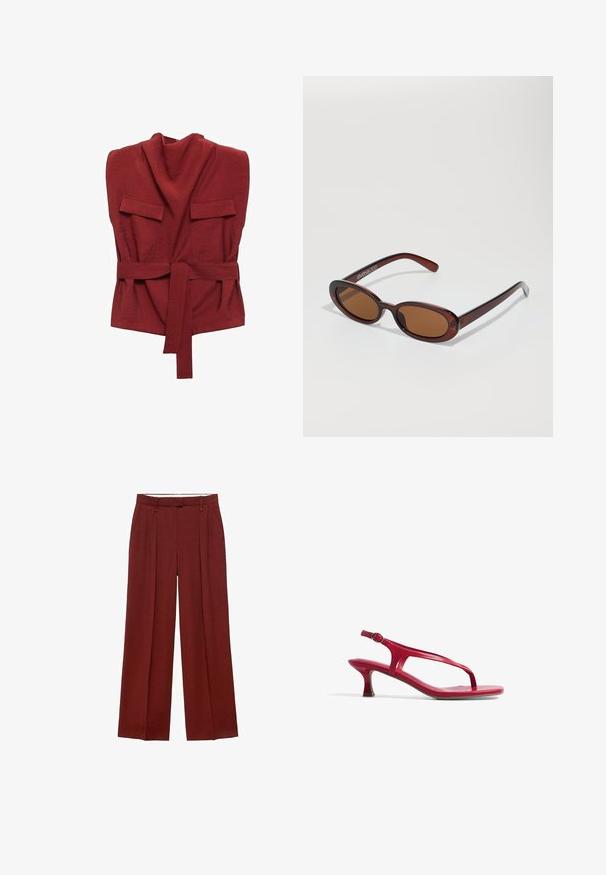 Red wrap top made of soft fabric, featuring a high neck, two front pockets, a belt, and a loose fit design.; Wide-leg trousers in a deep red hue, featuring a high waist, pleats at the front, and a smooth, textured fabric.; Red, patent leather sandal with a thin toe strap and adjustable ankle strap. Features a low, tapered heel and flat sole design.; Round, brown-tinted sunglasses with a glossy burgundy frame. Slim arms with subtle branding detail. Flat lens design.