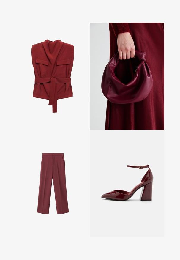 Top avvolgente rosso realizzato in tessuto morbido, con collo alto, due tasche anteriori, una cintura e un design a vestibilità ampia.; Pantaloni larghi bordeaux con una texture liscia, caratterizzati da tasche laterali e una vita alta. Rifiniti con una piega frontale pulita.; Pantofole col tacco alto in vernice bordeaux con punta affusolata, cinturino alla caviglia e tacco spesso. Texture liscia e design elegante.; Borsa in pelle bordeaux con un design morbido e arricciato e una forma arrotondata. Il manico è fissato, mostrando una texture liscia.