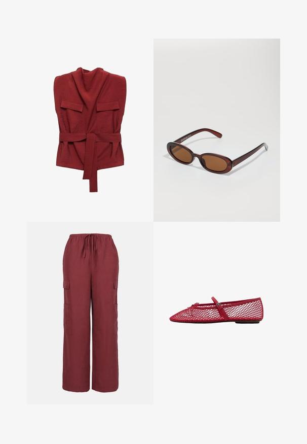 Punainen kietaisupaita, joka on valmistettu pehmeästä kankaasta. Siinä on korkea kaulus, kaksi etutaskua, vyö ja löysä istuvuus.; Burgundin väriset cargo-housut, jotka on valmistettu kevyestä kankaasta. Housuissa on naru vyötäröllä, leveät lahkeet ja kaksi sivutaskua.; Punaiset verkkomateriaalista valmistetut balettikengät, joissa on teräväkärkinen muotoilu ja ohut nauha sekä solkiyksityiskohta. Yläsovitus on avoin, pesäkynttäkuvioitu.; Pyöreät, ruskehtavat aurinkolasit, joissa on kiiltävä burgundinpunainen runko. Kapeat sivut, joissa on hienovarainen brändäys. Litteät linssit.