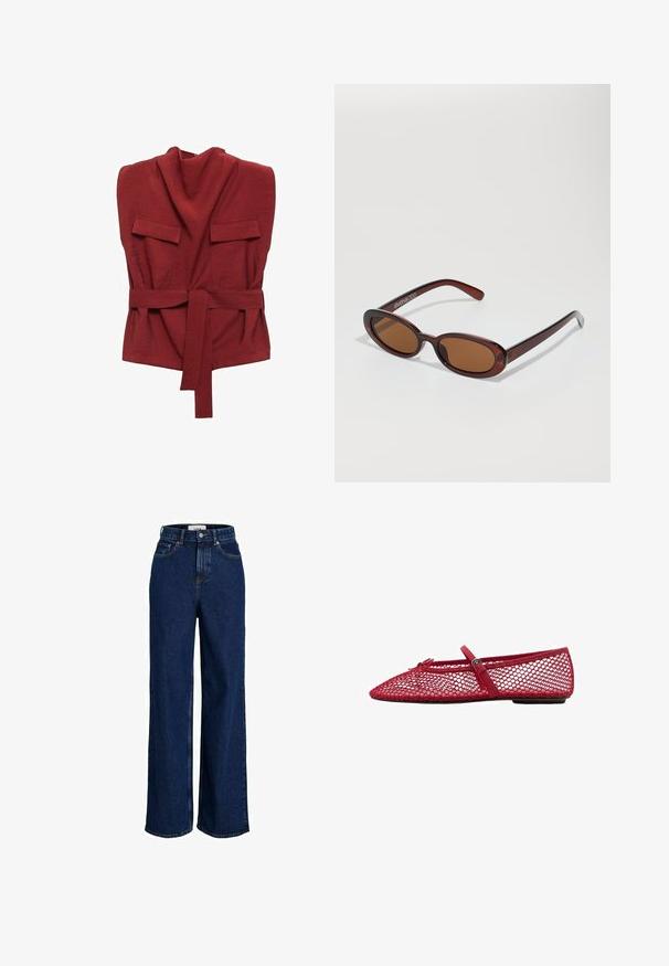 Crvena majica s omotom od mekog materijala, s visokim ovratnikom, dva prednja džepa, remenom i ležernim krojem.; Visokopresječene tamnoplave traperice širokih nogavica, s prednjim dugmetom i dizajnom s pet džepova.; Crvene mrežaste balerinke s izrezanim vrhom, s tankom trakicom i detaljem kopče. Gornji dio ima otvoreni uzorak u obliku saća.; Okvir okruglih, smeđkastih sunčanih naočala s sjajnim burgundskim okvirom. Uski nositelji s suptilnim brendiranjem. Ravna leća.