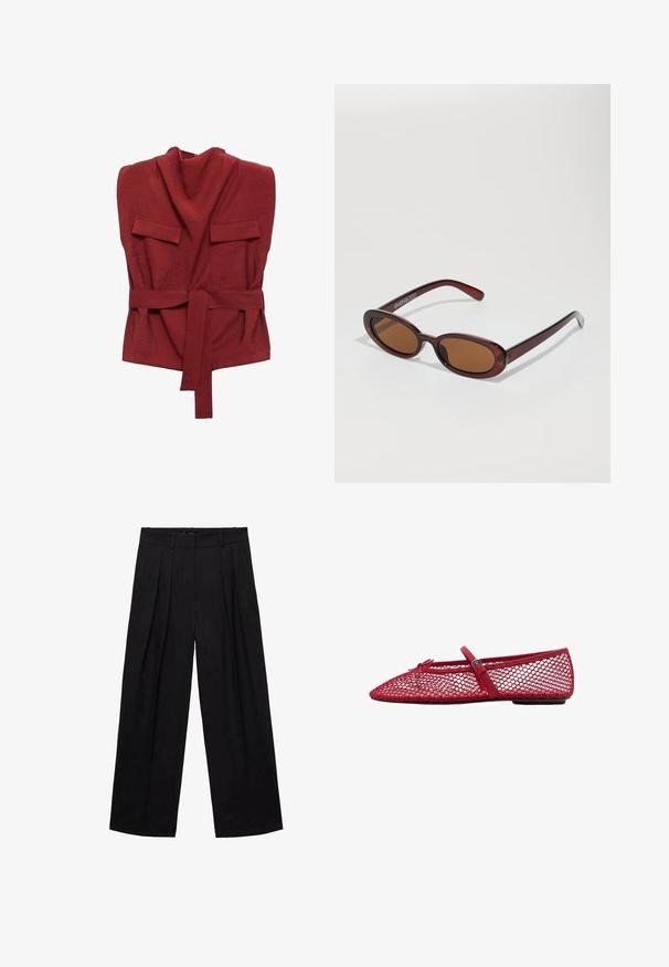 Crvena majica s omotom od mekog materijala, s visokim ovratnikom, dva prednja džepa, remenom i ležernim krojem.; Crne plisirane hlače s visokim strukom, širokog kroja, izrađene od glatke tkanine. Imaju bočne džepove i zatvaranje na zip.; Crvene mrežaste balerinke s izrezanim vrhom, s tankom trakicom i detaljem kopče. Gornji dio ima otvoreni uzorak u obliku saća.; Okvir okruglih, smeđkastih sunčanih naočala s sjajnim burgundskim okvirom. Uski nositelji s suptilnim brendiranjem. Ravna leća.