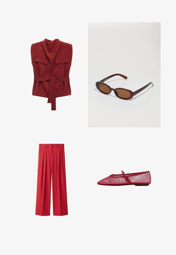 Rode wikkeltop van zachte stof, met een hoge hals, twee voorzakken, een riem en een losse pasvorm.; Rode, hoge taille, geplooide wijde broek gemaakt van een gladde stof. Voorzien van riemlussen en een ritssluiting aan de voorkant. Klassiek gesneden ontwerp.; Rode mesh ballerina's met een spitse neus, voorzien van een dunne band en een gespdetail. De bovenkant heeft een open honingraatpatroon.; Ronde, bruin getinte zonnebril met een glanzend bordeauxrood frame. Slanke pootjes met subtiele merkdetails. Vlakke lensontwerp.