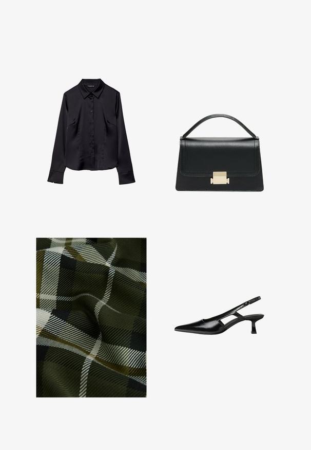 Čierna dlhá košeľa s dlhým rukávom z hladkej tkaniny, vybavená špicatým golierom, uzáverom na gombíky a dvoma prednými vreckami.; Tkanina skáčaná v kostkovaném vzoru s tmavě zelenou, černou a bílou barvou. Textura je hladká s jemným vzorovaným povrchem.; Čierne lakované kožené lodičky na podpätku s špicatou špičkou, výrezovým dizajnom na boku a malým štvorcovým podpätkom. Hladký povrch s minimálnymi akcentmi.; Čierna kožená kabelka so štruktúrovaným prevedením, horným madlom a detailom zlatého kovového uzáveru na prednej strane. Hladká textura, minimálne šitie.