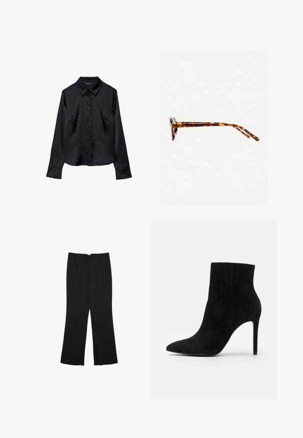 Črna dolgoročna majica z dolgimi rokavi iz gladkega materiala, z nazobčanim ovratnikom, gumbnim zapiranjem in dvema sprednjima žepek.; Črne hlače ravnega kroja z naglavnimi žepi in stranskimi razporki na robu. Narejene iz mehke, gladke tkanine. Primerne za različne priložnosti.; Črne semiš gležnjarje z ostrim nosom in tankim visokim petam na enobarvni beli podlagi.; Sončna očala iz želvosliva z debelimi okvirji, rahlo ukrivljenimi nogicami in gladko teksturo. Imajo klasičen dizajn z sijočim finišom.; Rjava usnjena torbica prek telesa s ukrivljeno obliko, zlate opreme in sponko. Ima odstranljiv naramni trak.
