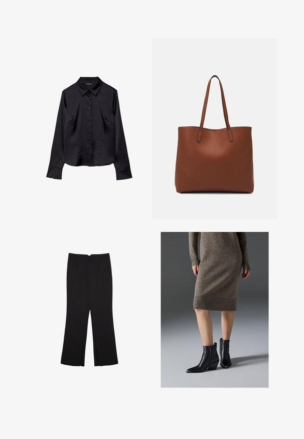 Mustassa pitkähihaisessa paidassa on sileä kangas, terävä kaulus, nappisuljenta edessä ja kaksi etutaskua.; Mustat housut suoralinjaisella leikkauksella, joissa on etutaskut ja sivurei'ät helman alla. Valmistettu pehmeästä ja sileästä kankaasta. Sopii eri tilaisuuksiin.; Musta nahkasaappaat nilkkapituisella, teräväkärkisellä muodolla, paksulla korolla ja sahalaitapistokkeilla, yhdistettynä ribatutuun ruskeaan neulemekkoon.; Ruskea nahkainen olkalaukku, jossa on sileä pinta, avoin yläosa ja kaksi olkahihnaa. Omaavat vain minimaalisen ompelun eikä näkyvää metalliosaa.