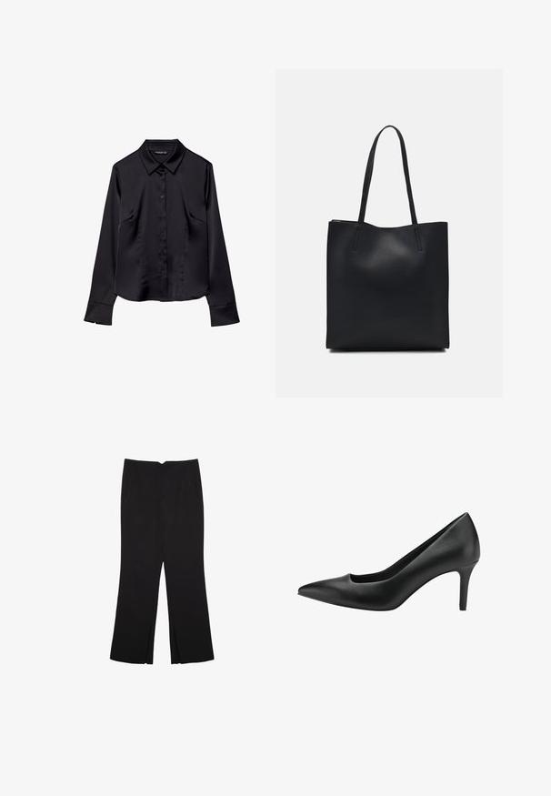 Čierna dlhá košeľa s dlhým rukávom z hladkej tkaniny, vybavená špicatým golierom, uzáverom na gombíky a dvoma prednými vreckami.; Čierne nohavice so strihom rovného strihu, s prednými vreckami a bočnými rozparkami na leme. Vyrobené z mäkkej, hladkej tkaniny. Vhodné na rôzne príležitosti.; Čierna kožená vysoká topánka na podpätku s ostrou špičkou, ktorá má vystúpený dizajn a štíhle stiletto podpätky. Hladká textúra a elegantný silueta.; Čierna kožená taška na rameno s hladkým povrchom, obdĺžnikovým tvarom a dvoma dlhými uchami. Bez viditeľného kovania alebo ozdôb.