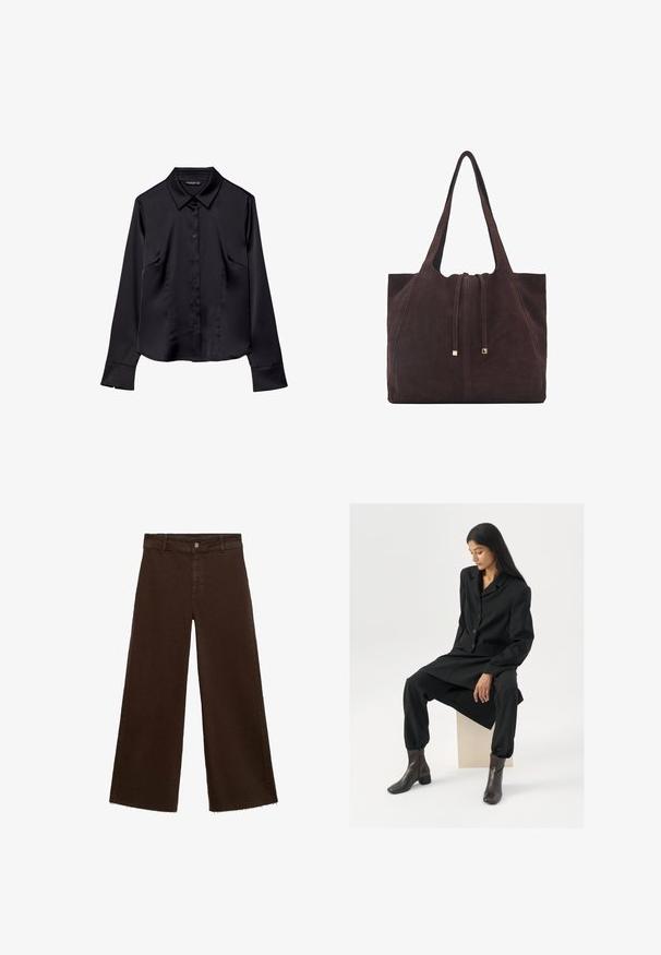 Crna košulja dugih rukava od glatkog materijala, sa šiljastim kragnom, zatvaranjem na dugmad sprijeda i dva prednja džepa.; Smeđe široke hlače od pamuka, s raspucanim rubom, prednjim kopčanjem na dugme i klasičnim dizajnom s pet džepova. Minimalističke i svestrane.; Crni odijelo s blazerom i suženim hlačama, upareno s smešnim čizmama do članaka. Glatka tekstura, minimalistički dizajn, bez vidljivih uzoraka.; Mango Velika torba - dark brown