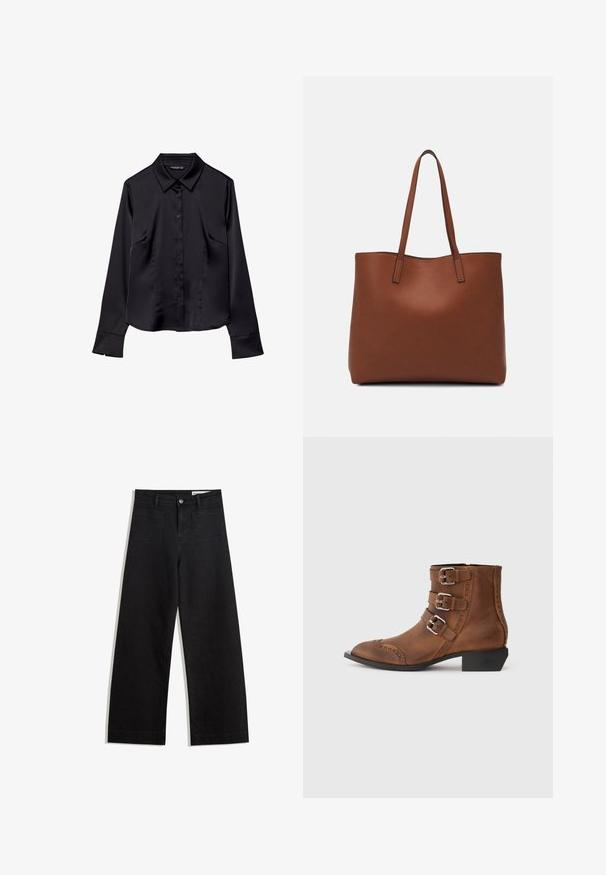 Crna košulja dugih rukava od glatkog materijala, sa šiljastim kragnom, zatvaranjem na dugmad sprijeda i dva prednja džepa.; Crne široke traperice s visokim strukom, s prednjim i stražnjim džepovima, šivenim šavovima i kopčanjem na gumb. Glatka tekstura.; Smeđe kožne gležnjače s tri srebrna kopčanja, špicasti nos i dekorativno šivanje uz strane. Nizak blok pet.; Smeđa kožna torba preko ramena s glatkom teksturom, otvorenim vrhom i dvjema naramenicama. Ima minimalne šavove i nema vidljivog hardvera.