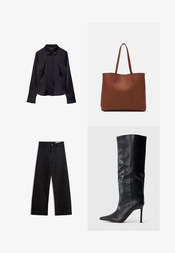Črna dolgoročna majica z dolgimi rokavi iz gladkega materiala, z nazobčanim ovratnikom, gumbnim zapiranjem in dvema sprednjima žepek.; Črne široke denim hlače z visokim pasom, ki imajo sprednje in zadnje žepe, šivane šive ter gumbasto zapiranje. Gladka tekstura.; Črne usnjene škornje do kolen s koničastim nosom in tankim visokim peto na enobarvni beli podlagi.; Rjava usnjena torba z gladko teksturo, odprto zasnovo zgoraj in dvema naramnima trakovoma. Opremljena je z minimalnim šivanjem in brez vidnih kovinskih delov.